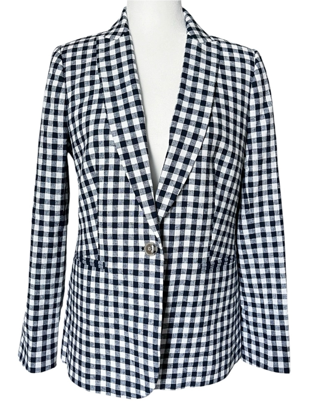 J Crew One Button Blazer Navy Gingham Linen Cotton Preppy Coastal AW659 Size 6